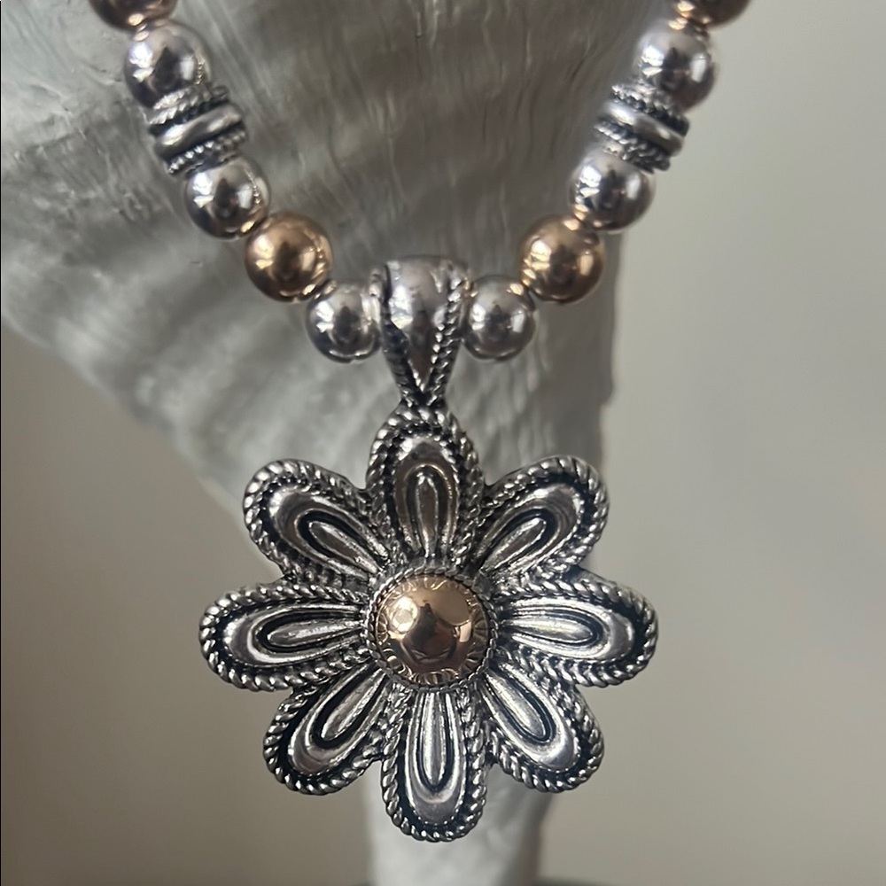 Silver and Gold Floral Pendant Necklace with Beaded Chain
